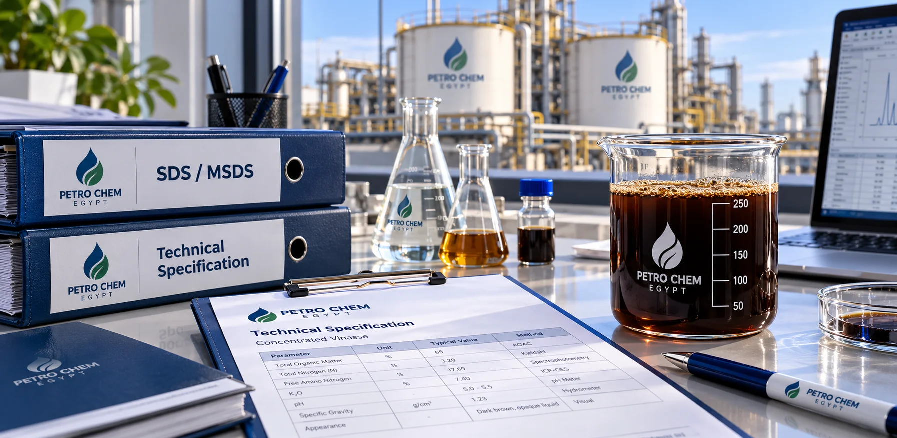 Technical documents and lab equipment on a desk with chemical samples