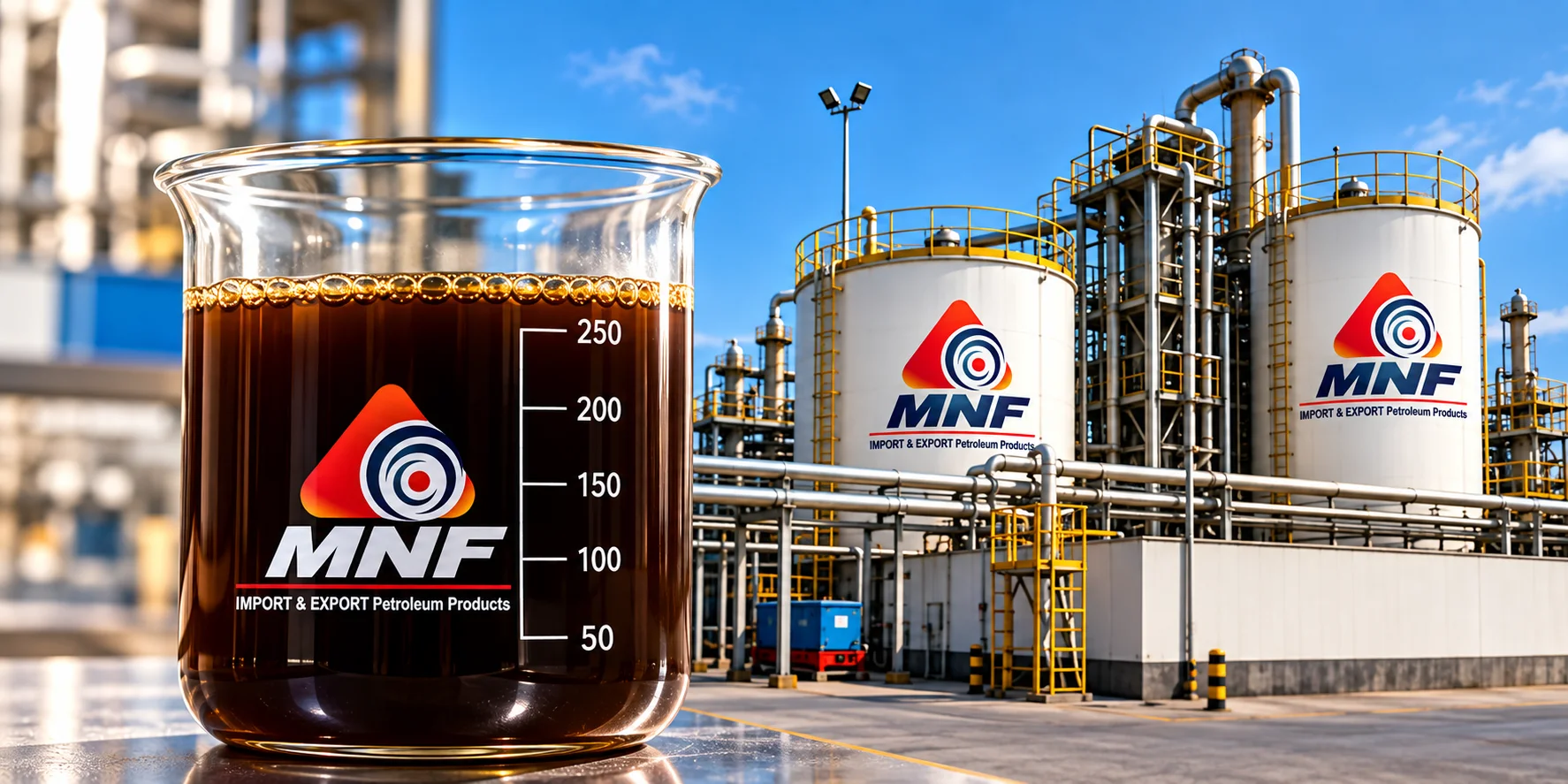 Beaker with dark liquid in front of industrial petroleum tanks