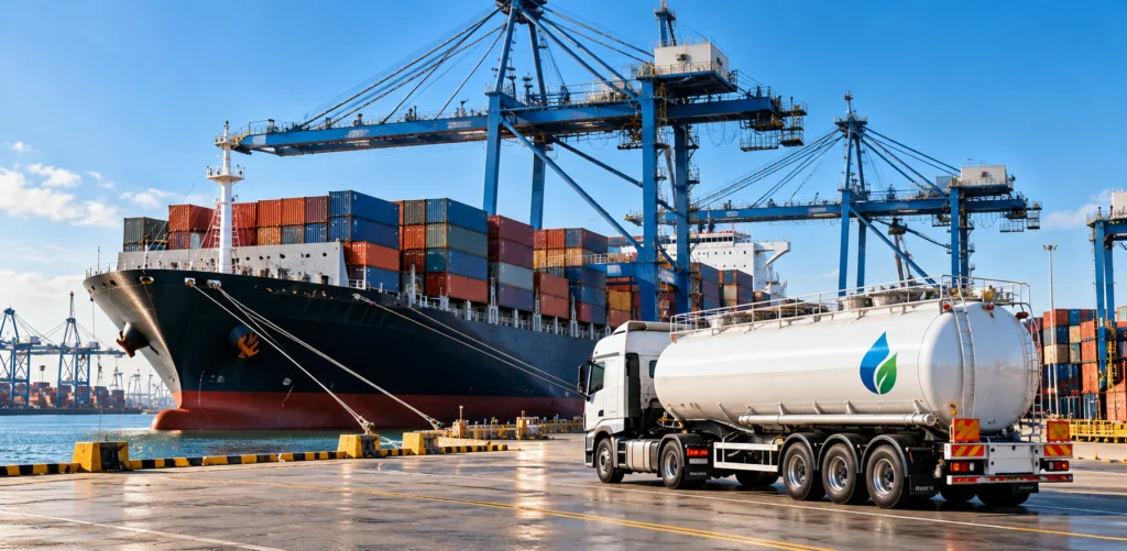 Container ship docked at port with a fuel truck nearby
